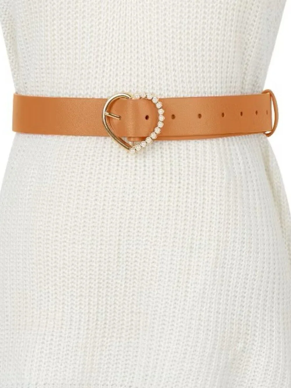 Light Brown Women’s Pearl Heart Buckle Waist Belt Fashion Dress Accessory Chic
